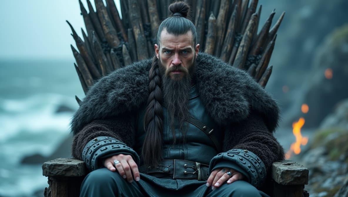 Rey vikingo en trono de huesos y madera