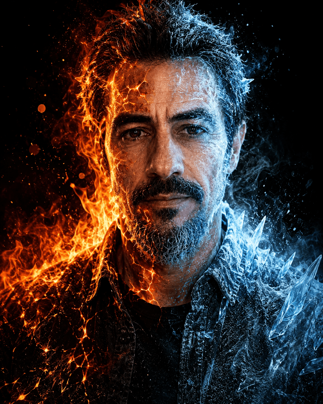 Retrato dividido fuego y hielo