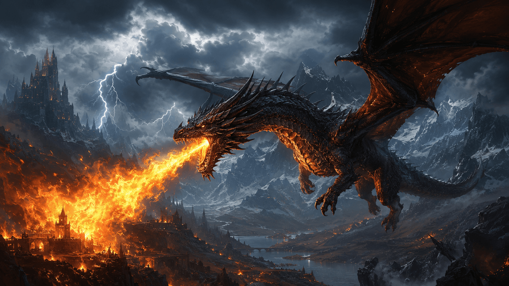 Dragón sobre montañas en tormenta